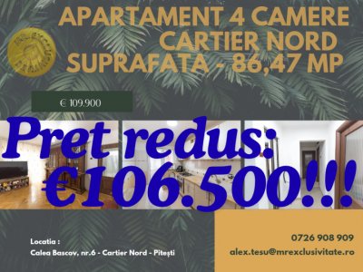 Apartament 4 camere - Nord - Impecabil - foarte spatios 86,47 MP